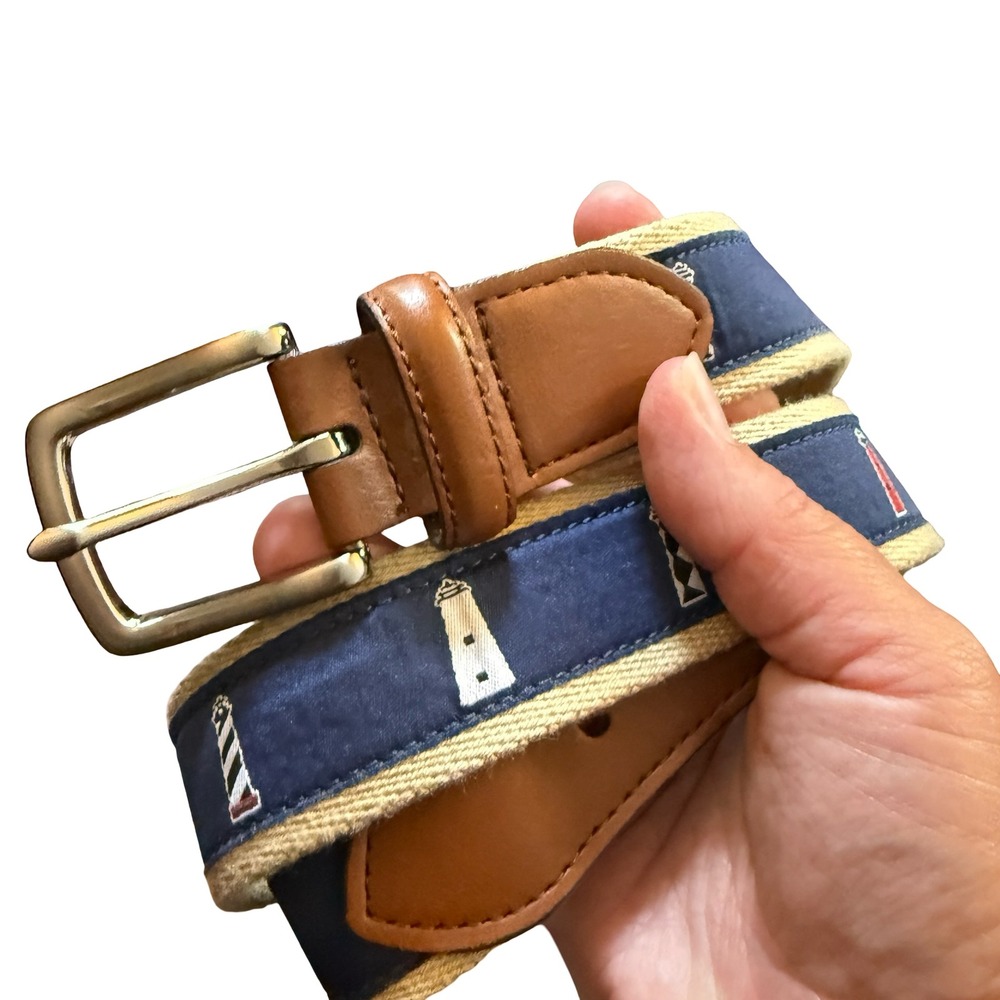 Club Room Men 34 Ribbon Belt Lighthouse Nautical Preppy Canvas Vegan Leather